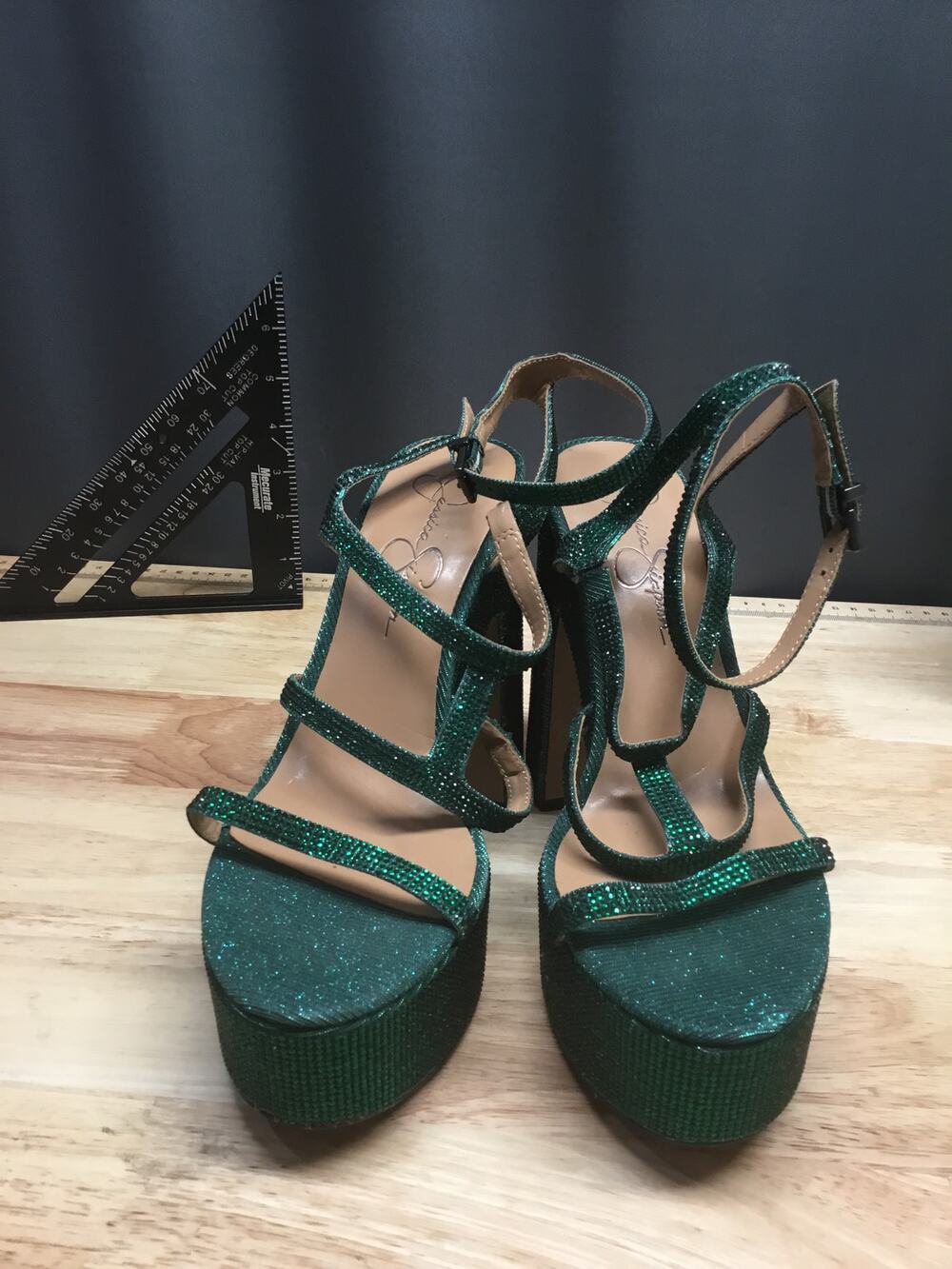 Jessica Simpson Meitini Strappy Sandal Women's 8.5 Green Rhinestone Block Heel